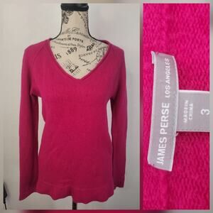James Perse Sweater Womens SZ 3 L Lightweight Pink 100% Cashmere V Neck Magenta